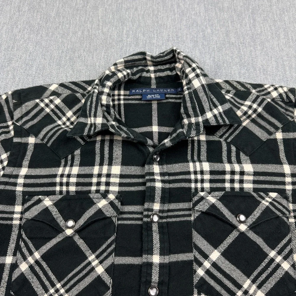 Ralph Lauren Shirt Womens 2 Black Plaid Snap Pearl Flannel Western Cowgirl Rodeo